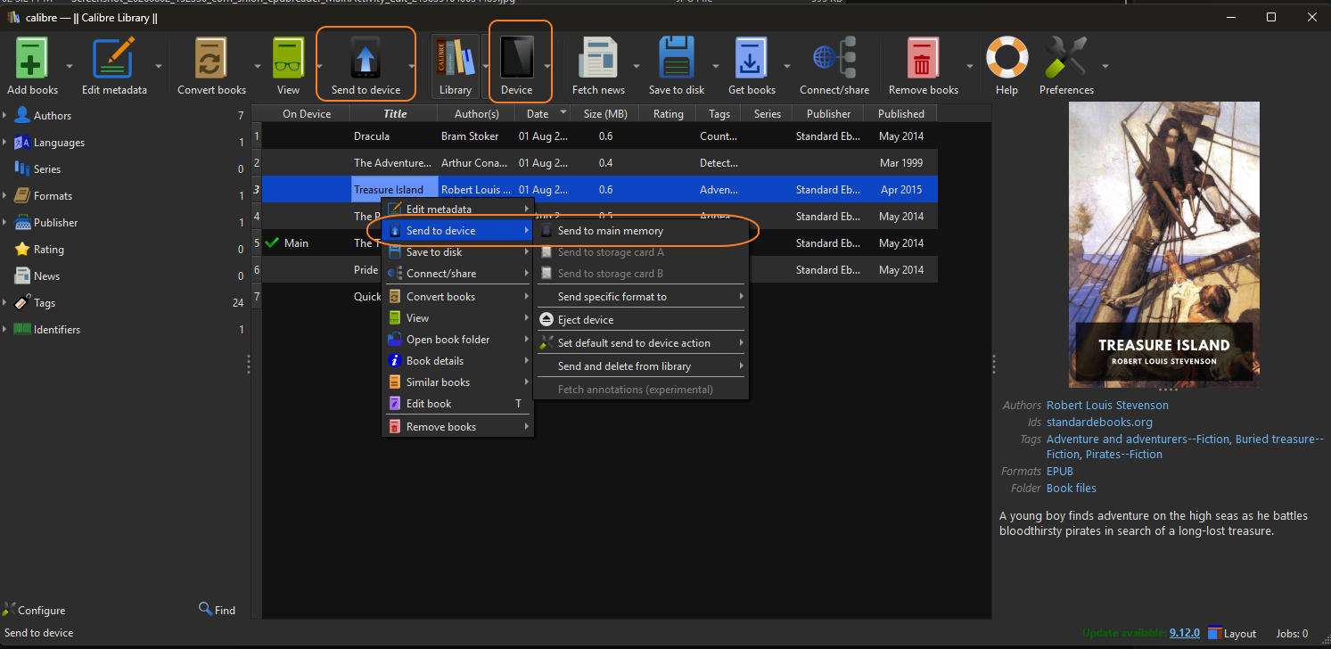 Step 8: Click Send to device in Calibre to send books wirelessly